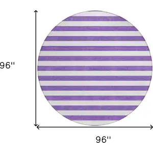 Photo of 8' Round Purple and White Round Striped Washable Non Skid Indoor Outdoor Area Rug