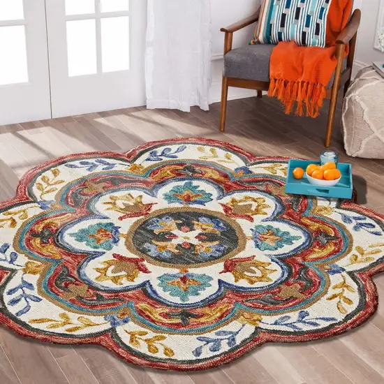 4' Round Red Layered Petals Area Rug Photo 7