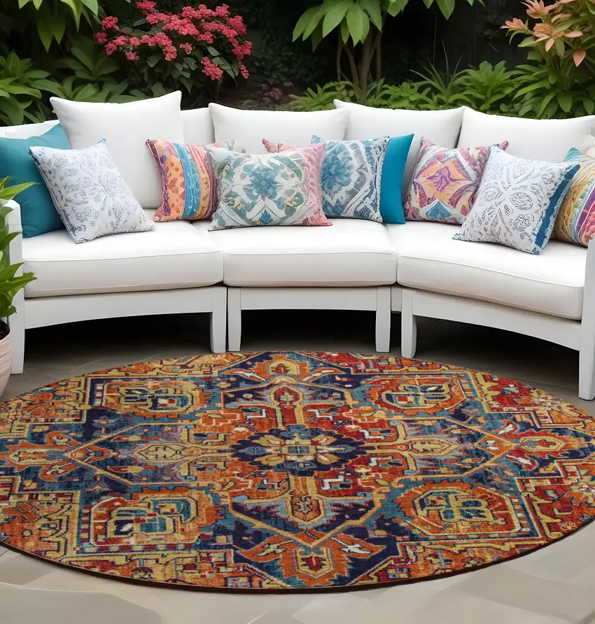 Red Orange and Blue Round Oriental Washable Non Skid Indoor Outdoor Area Rug Photo 1