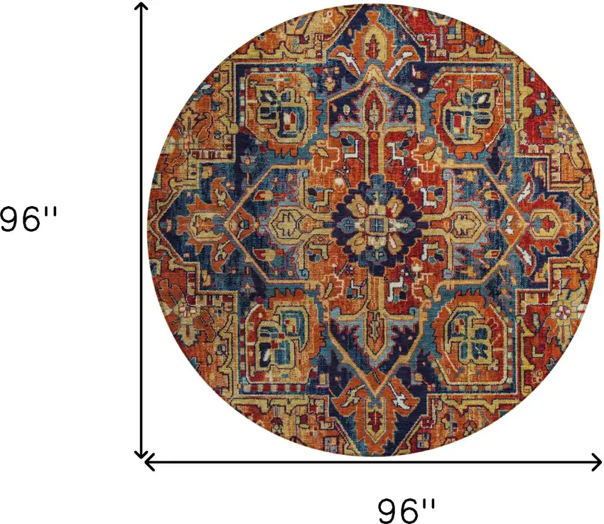 Red Orange and Blue Round Oriental Washable Non Skid Indoor Outdoor Area Rug Photo 3