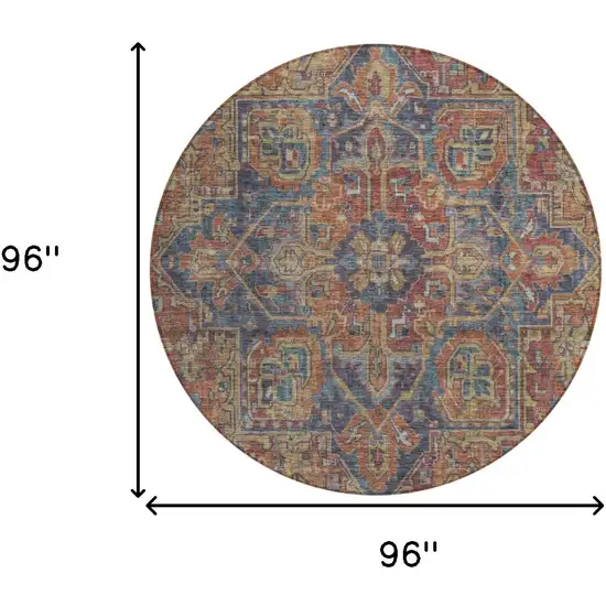8' Red Orange And Blue Round Oriental Washable Indoor Outdoor Area Rug Photo 3