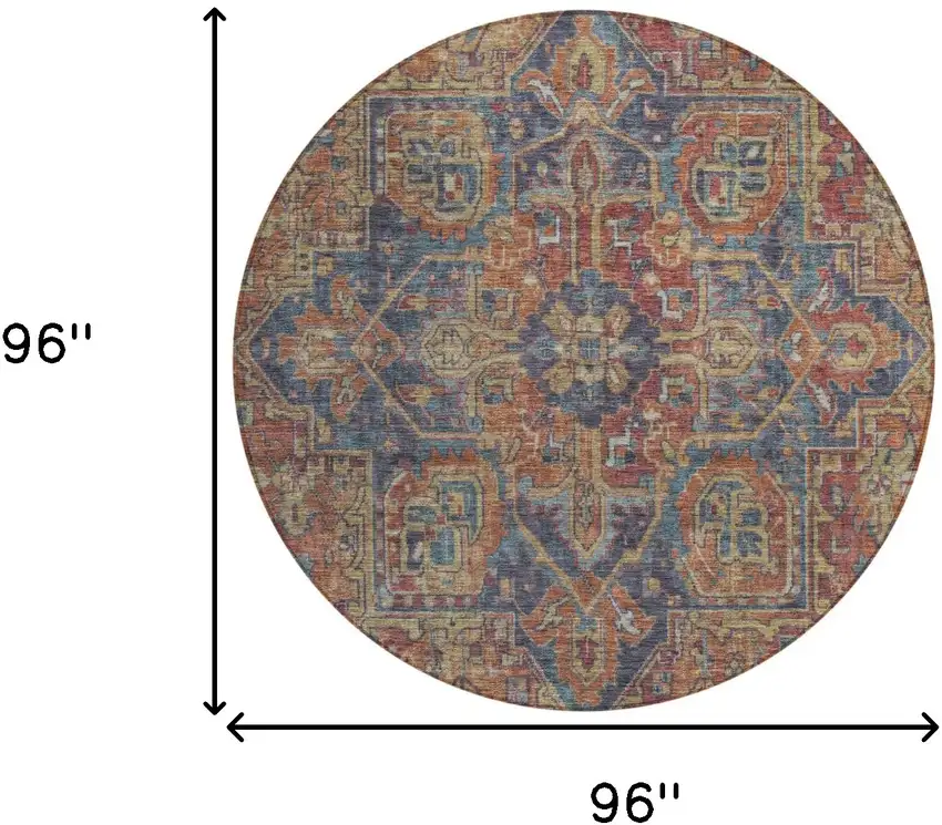 8' Red Orange And Blue Round Oriental Washable Indoor Outdoor Area Rug Photo 3