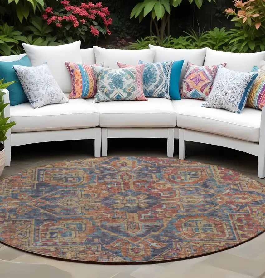 8' Round Red Orange and Blue Round Oriental Washable Non Skid Indoor Outdoor Area Rug Photo 1
