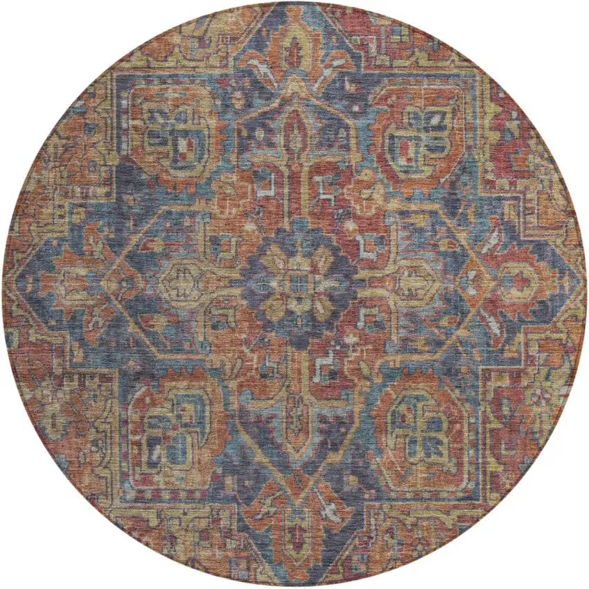 8' Round Red Orange and Blue Round Oriental Washable Non Skid Indoor Outdoor Area Rug Photo 2