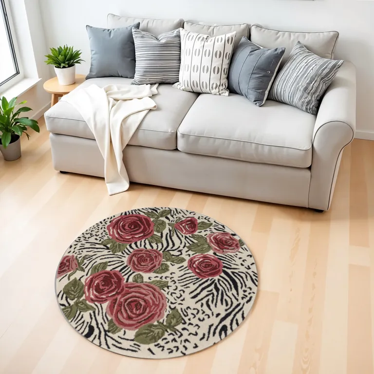 4' Round Red Rose Bed Area Rug Photo 1