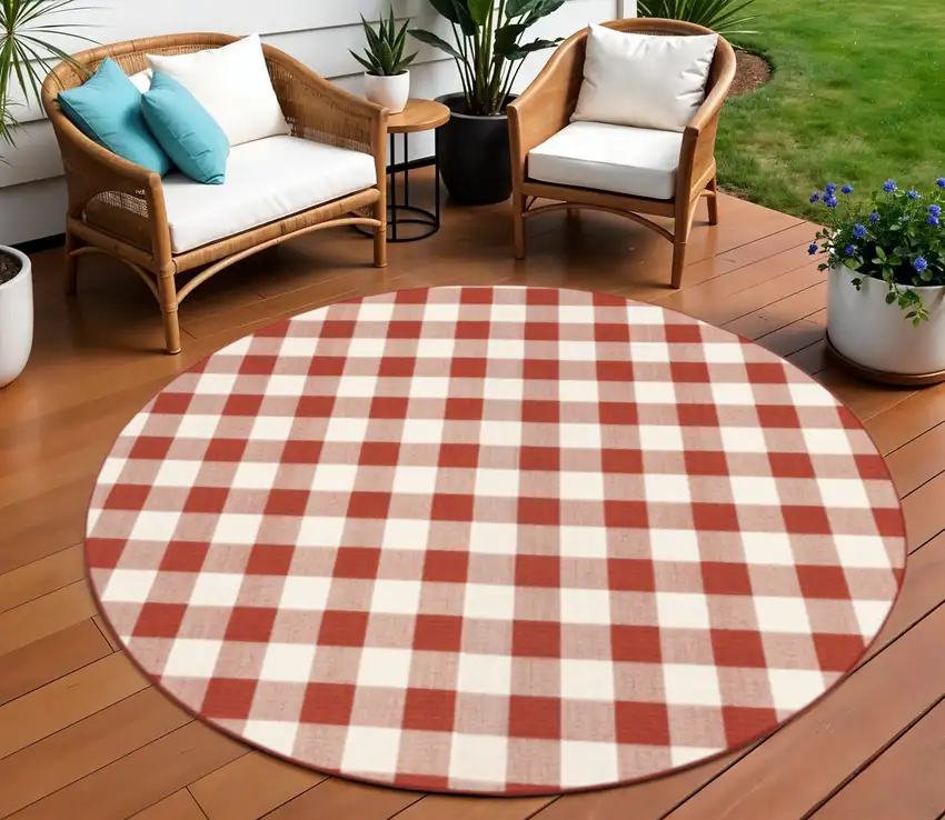 Red and Ivory Round Geometric Stain Resistant Indoor Outdoor Area Rug Photo 1