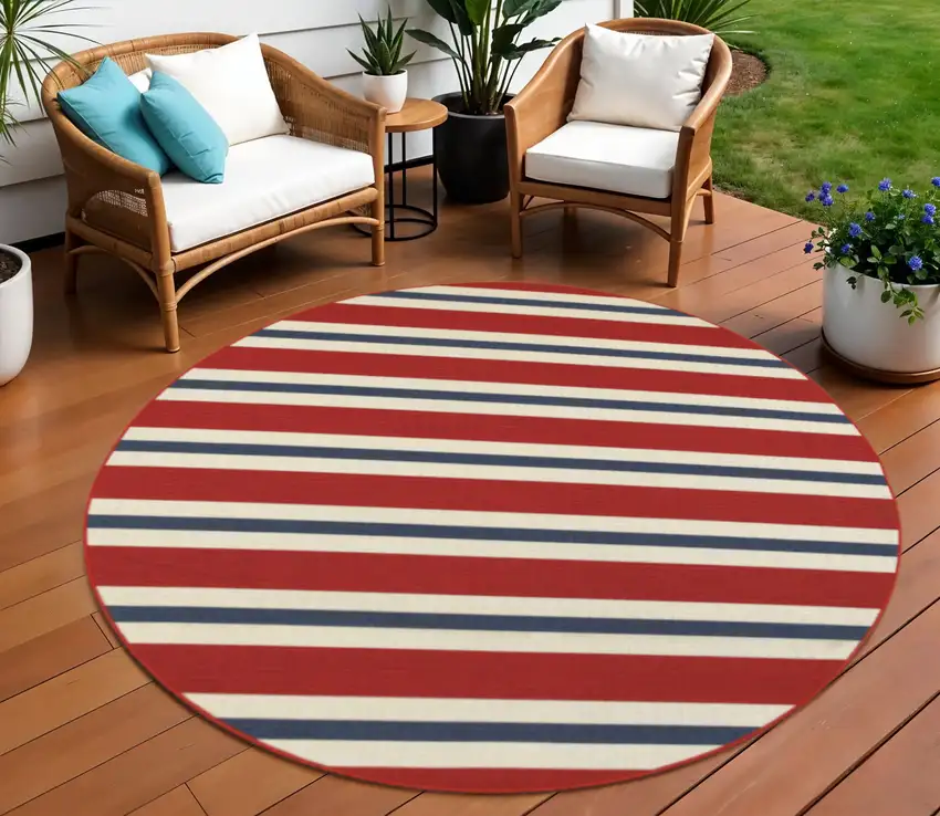 Red and Ivory Round Geometric Stain Resistant Indoor Outdoor Area Rug Photo 1