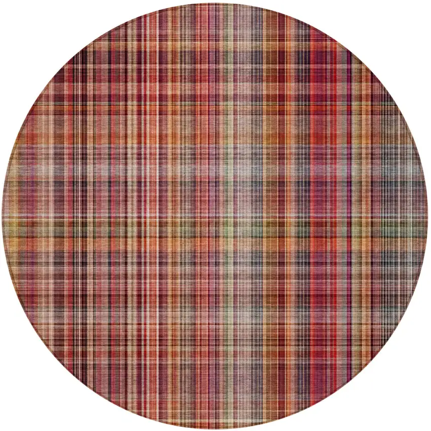 Red Round Plaid Washable Non Skid Indoor Outdoor Area Rug Photo 5