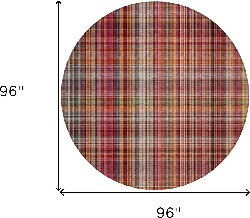 8' Round Red Round Plaid Washable Non Skid Indoor Outdoor Area Rug Photo 3