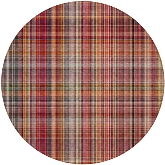 8' Round Red Round Plaid Washable Non Skid Indoor Outdoor Area Rug Photo 2