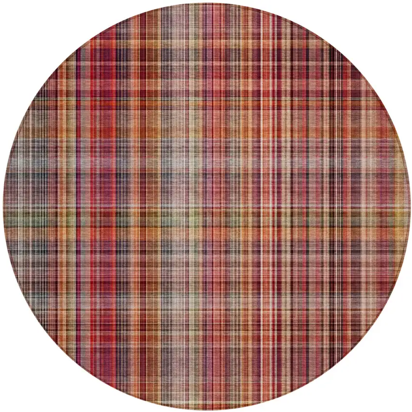 8' Round Red Round Plaid Washable Non Skid Indoor Outdoor Area Rug Photo 2