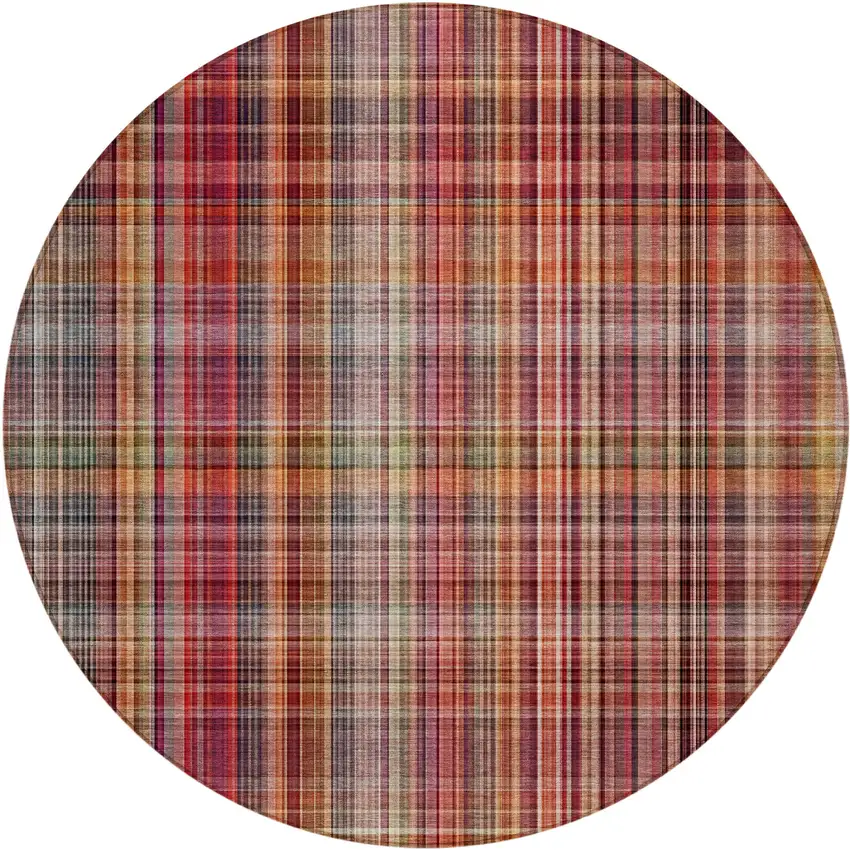 8' Round Red Round Plaid Washable Non Skid Indoor Outdoor Area Rug Photo 2