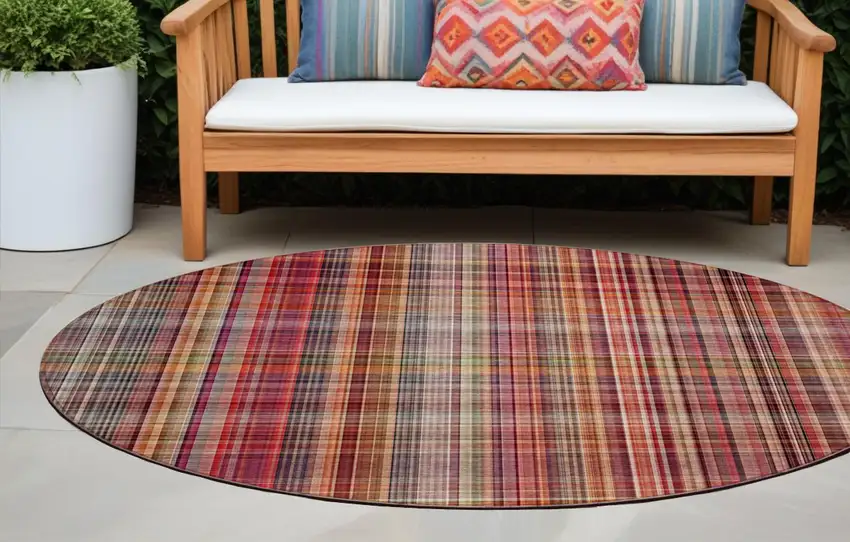 8' Round Red Round Plaid Washable Non Skid Indoor Outdoor Area Rug Photo 1