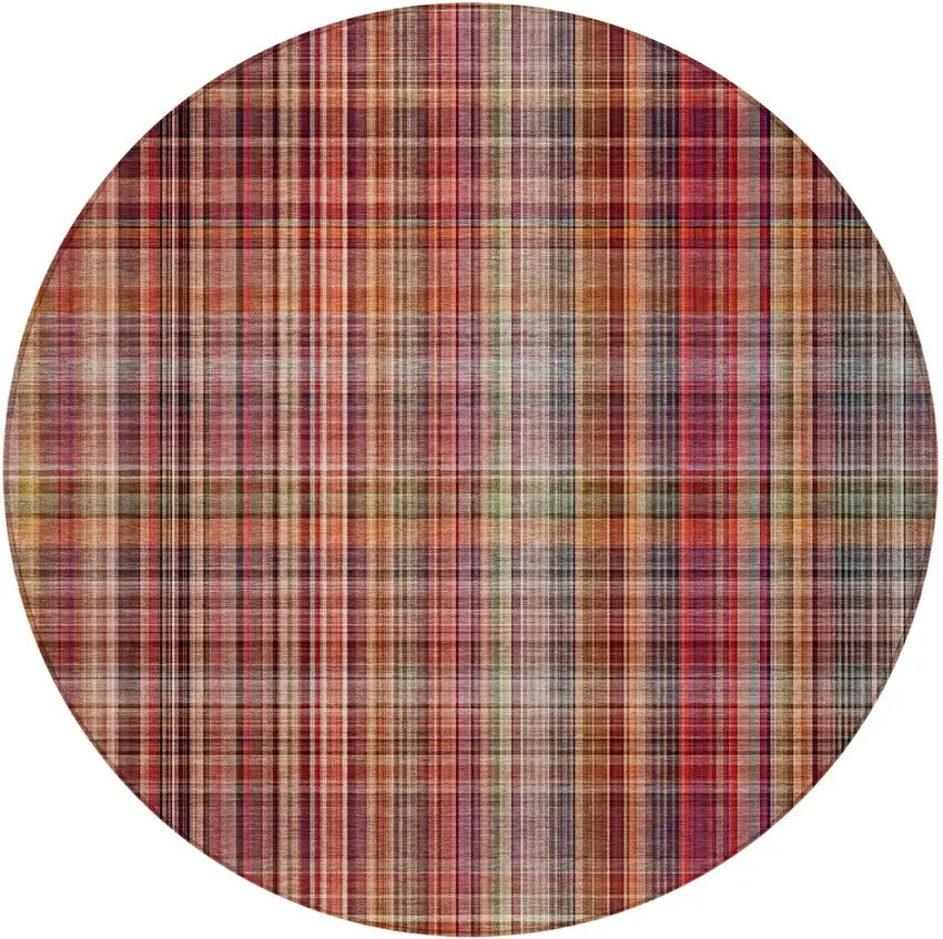 8' Round Red Round Plaid Washable Non Skid Indoor Outdoor Area Rug Photo 4