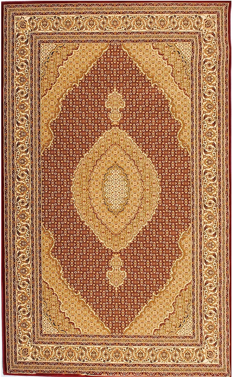 5' Round Red and Beige Medallion Area Rug Photo 4