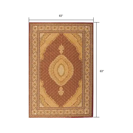 5' Round Red and Beige Medallion Area Rug Photo 3