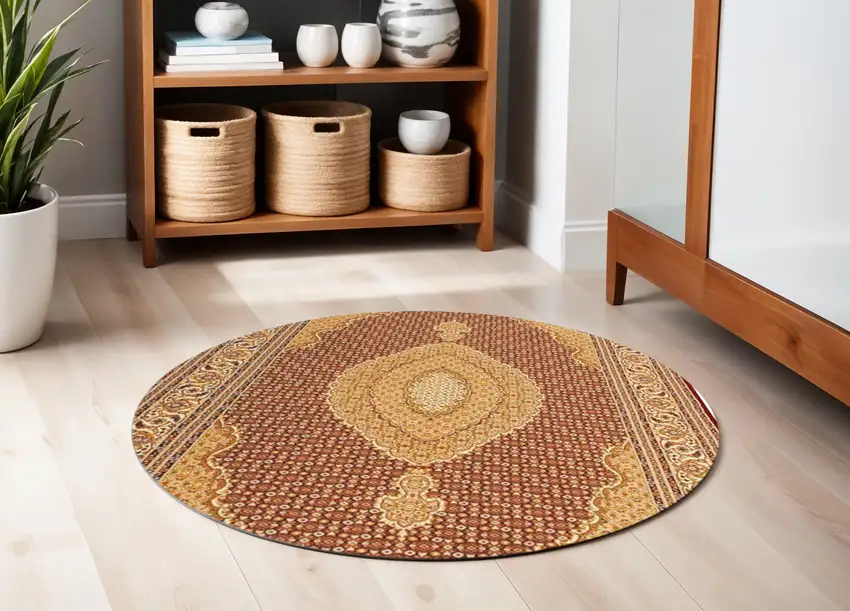 5' Red Round Oriental Power Loom Area Rug Photo 1