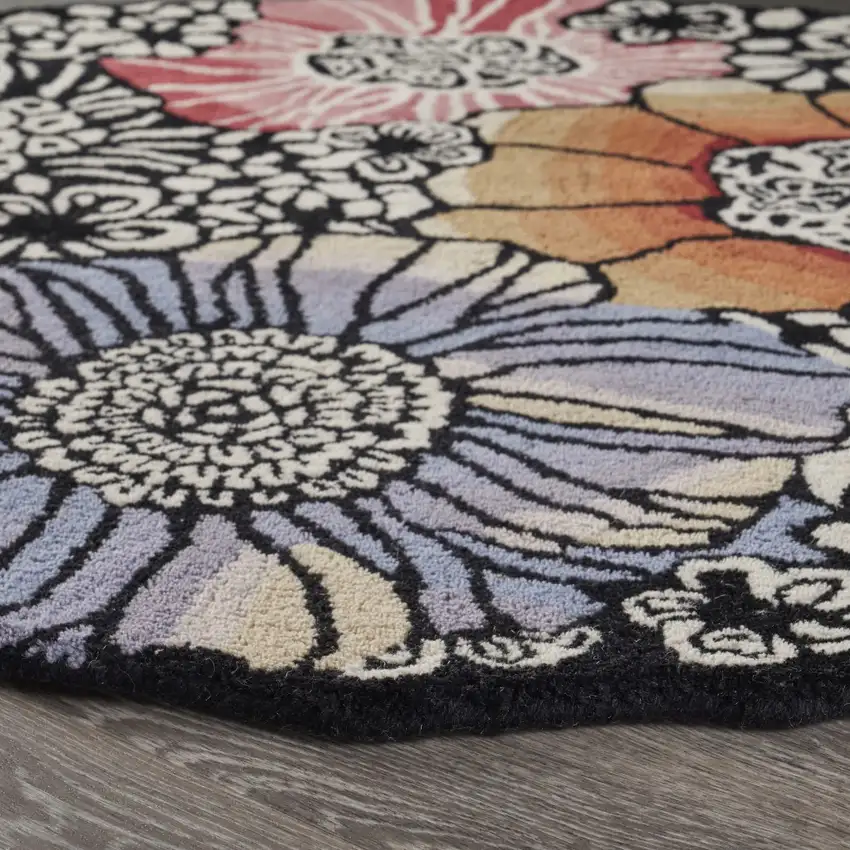 4' Round Red and Black Floral Area Rug Photo 3