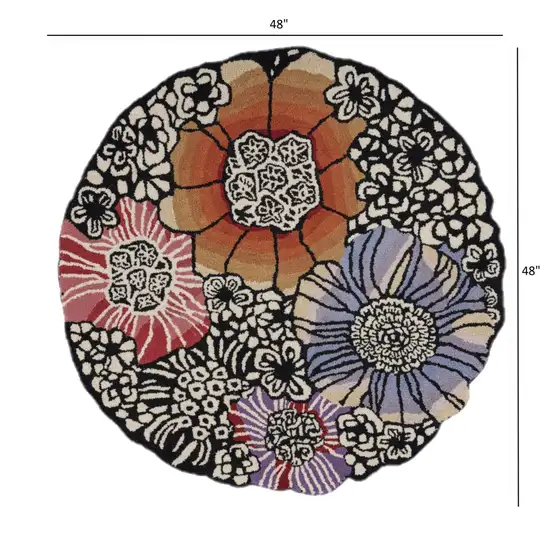 4' Round Red and Black Floral Area Rug Photo 7