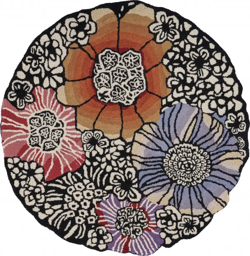 4' Round Red and Black Floral Area Rug Photo 1