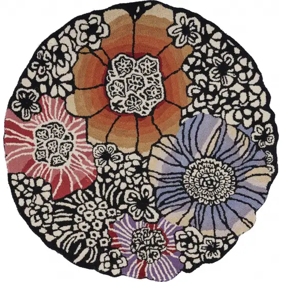 6' Round Red and Black Floral Blossom Area Rug Photo 1