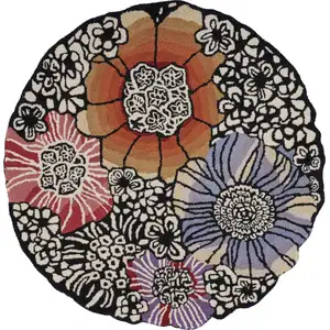 Photo of 6' Round Red and Black Floral Blossom Area Rug