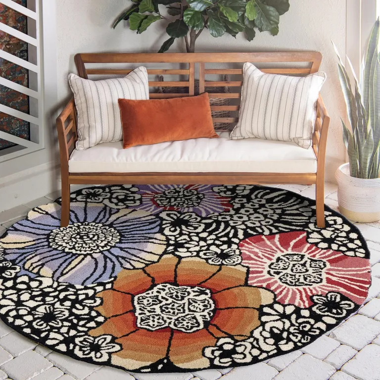 6' Round Red and Black Floral Blossom Area Rug Photo 3