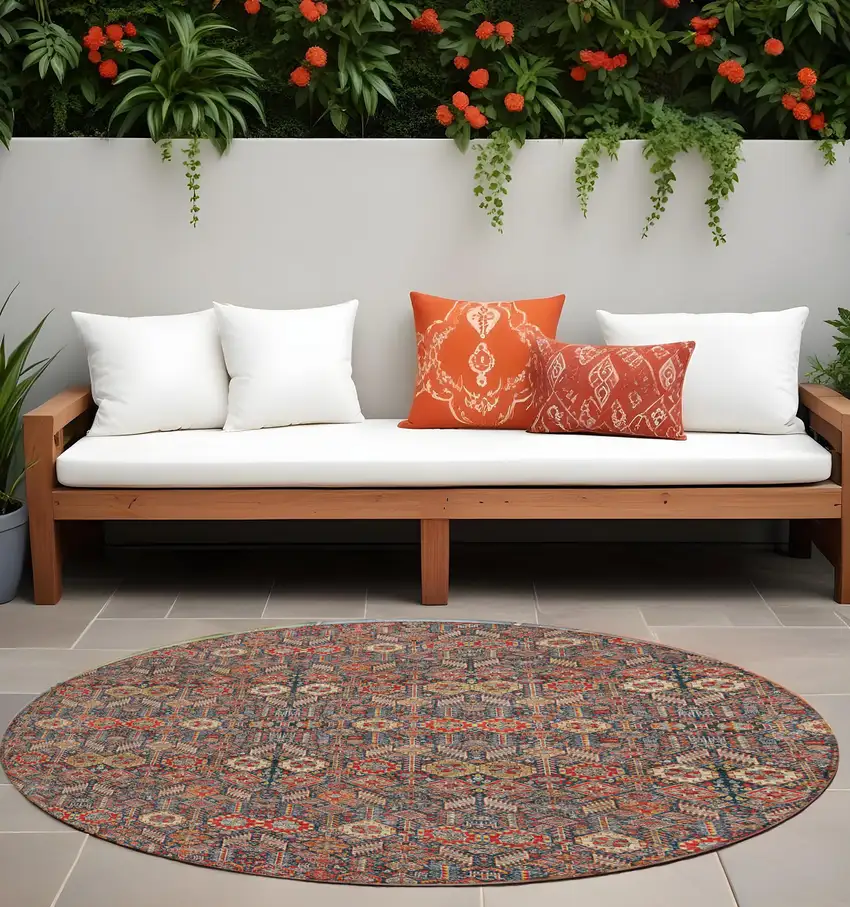 8' Round Red and Dark Blue Round Floral Washable Non Skid Indoor Outdoor Area Rug Photo 1