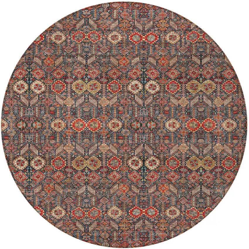 Red and Dark Blue Round Floral Washable Non Skid Indoor Outdoor Area Rug Photo 5