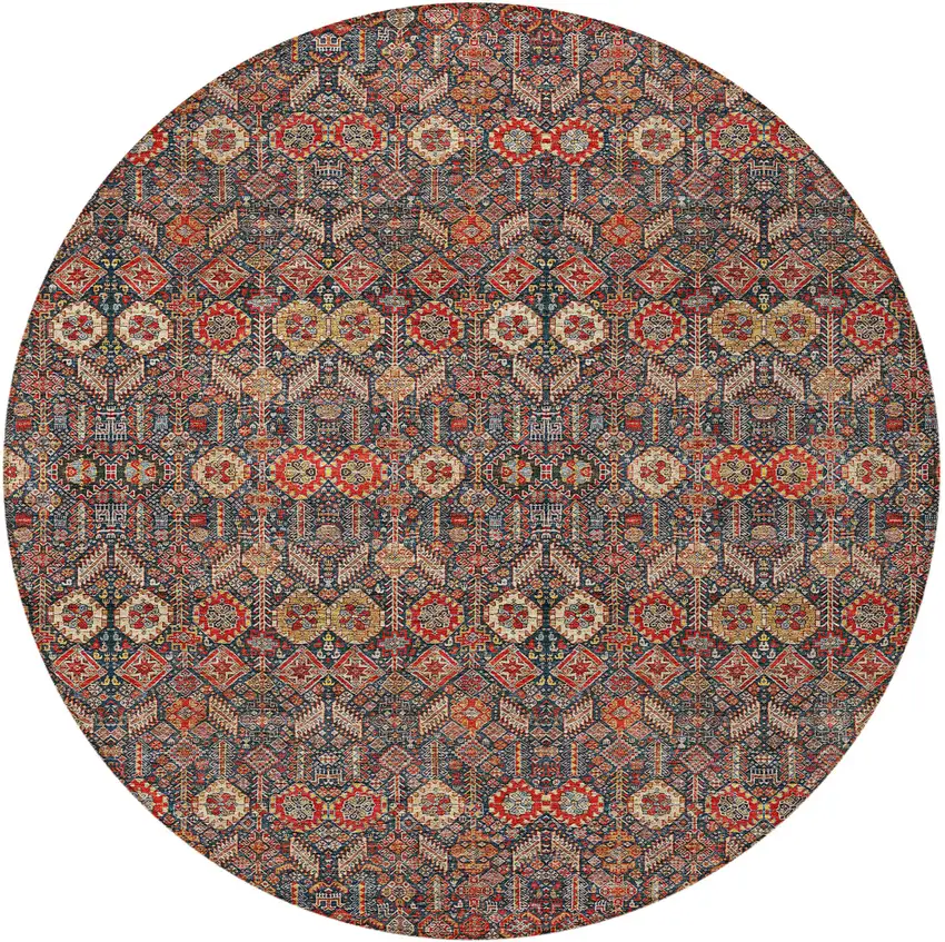 8' Round Red and Dark Blue Round Floral Washable Non Skid Indoor Outdoor Area Rug Photo 4