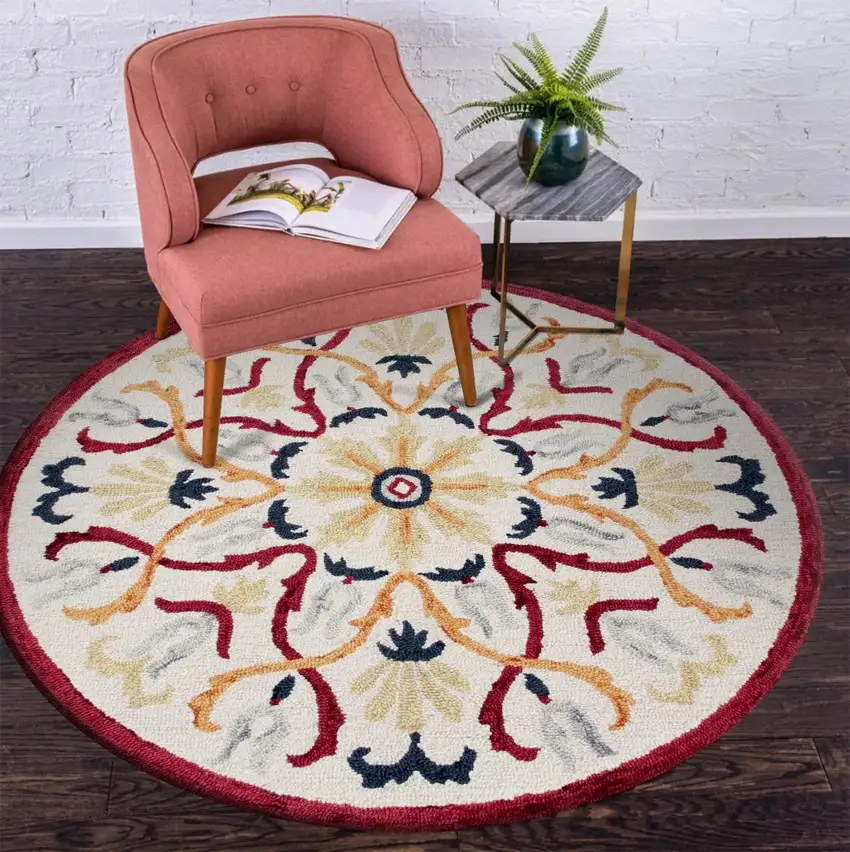 4' Round Red and Ivory Floral Filigree Area Rug Photo 8