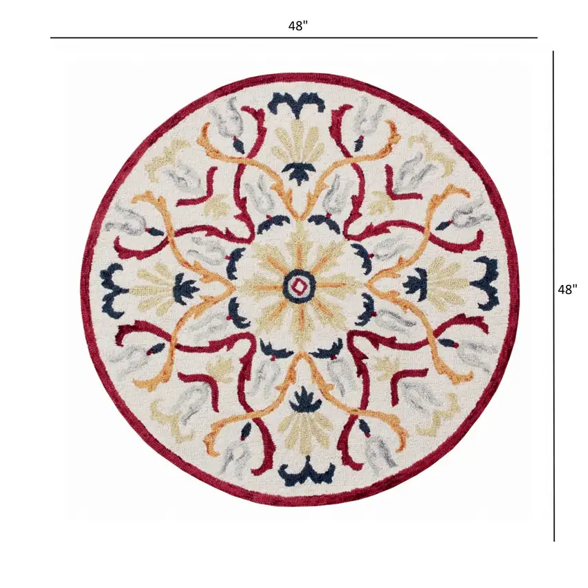 4' Round Red and Ivory Floral Filigree Area Rug Photo 5