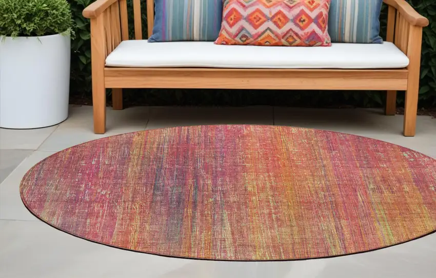 Red and Orange Round Striped Washable Non Skid Indoor Outdoor Area Rug Photo 1