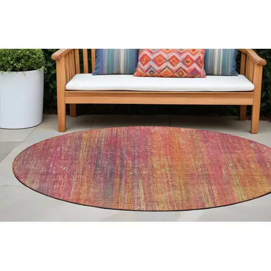 Red and Orange Round Striped Washable Non Skid Indoor Outdoor Area Rug Photo 1