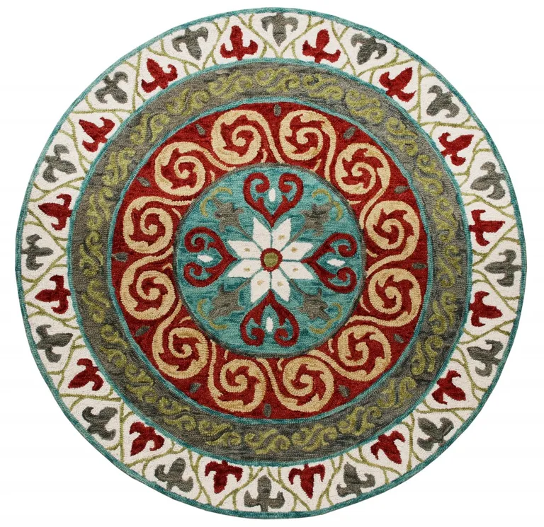 5' Round Red and Sage Medallion Area Rug Photo 1