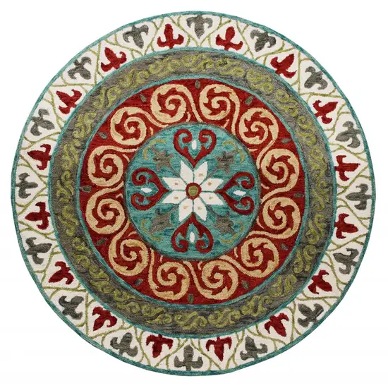 5' Round Red and Sage Medallion Area Rug Photo 1