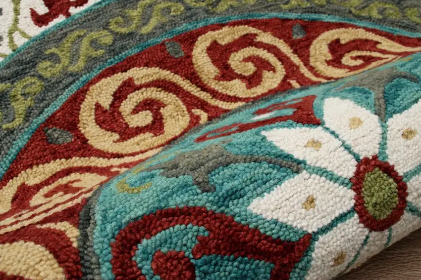 5' Round Red and Sage Medallion Area Rug Photo 6