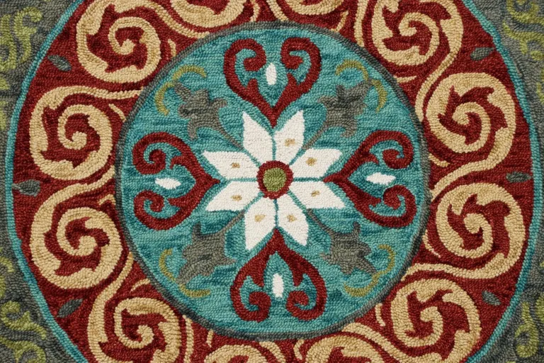 5' Round Red and Sage Medallion Area Rug Photo 2