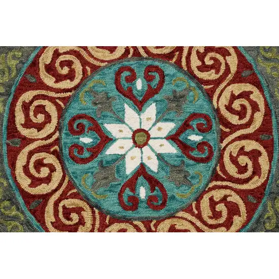 5' Round Red and Sage Medallion Area Rug Photo 2