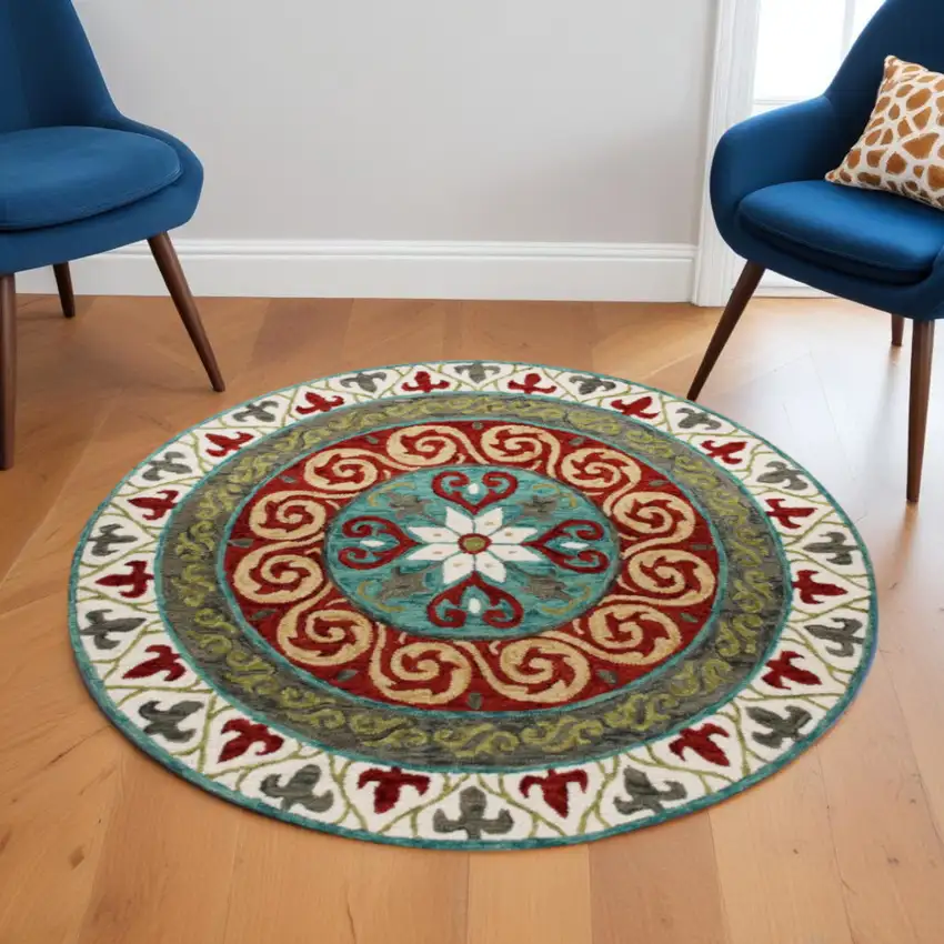 Red and Sage Medallion Area Rug Photo 1