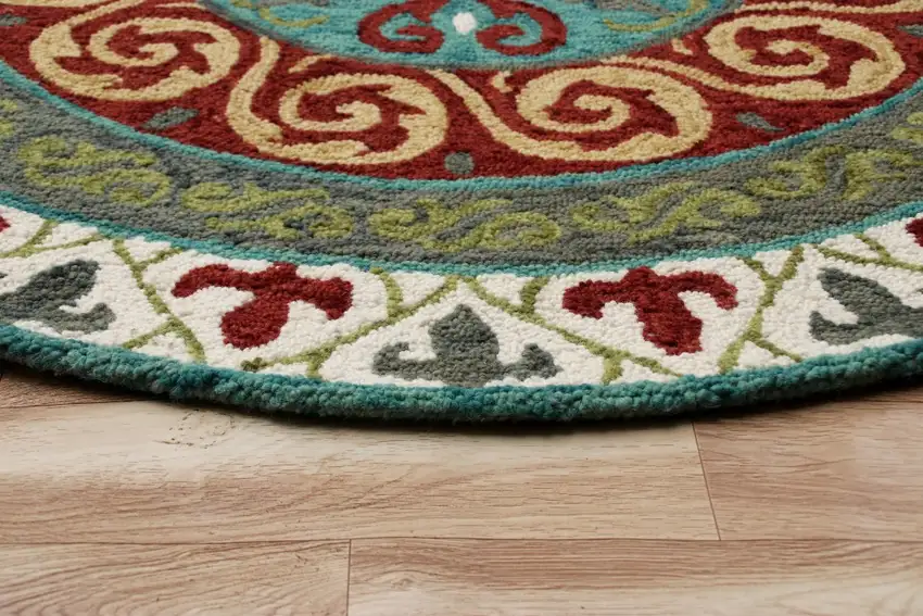 5' Round Red and Sage Medallion Area Rug Photo 5