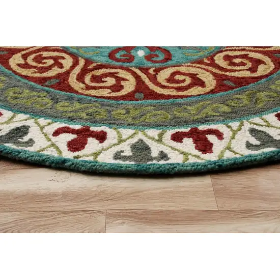 5' Round Red and Sage Medallion Area Rug Photo 5