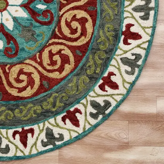 5' Round Red and Sage Medallion Area Rug Photo 4