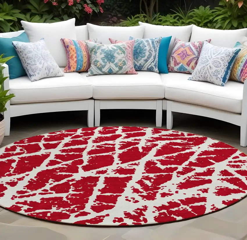 Red and White Round Abstract Washable Non Skid Indoor Outdoor Area Rug Photo 1