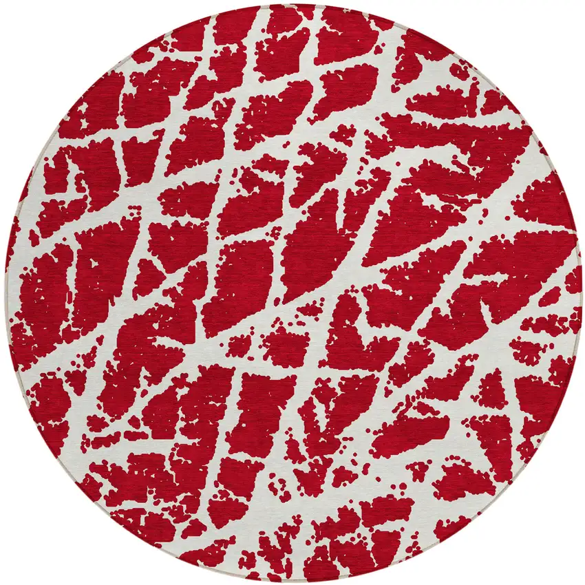8' Round Red and White Round Abstract Washable Non Skid Indoor Outdoor Area Rug Photo 2