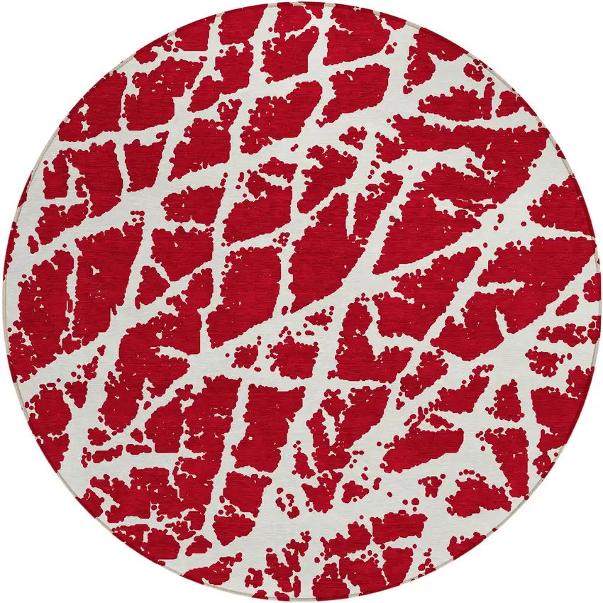 8' Round Red and White Round Abstract Washable Non Skid Indoor Outdoor Area Rug Photo 2