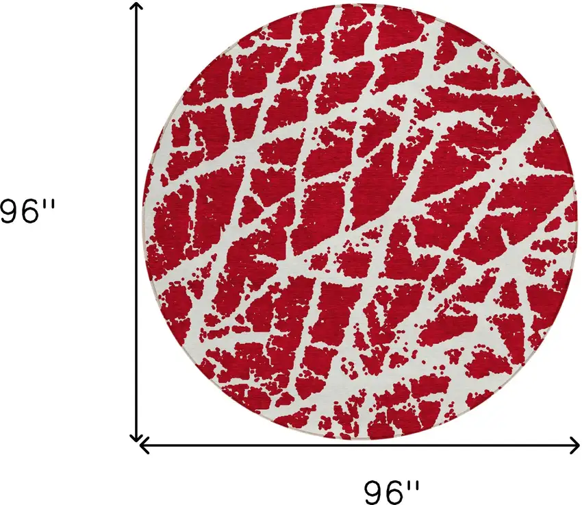 8' Round Red and White Round Abstract Washable Non Skid Indoor Outdoor Area Rug Photo 3