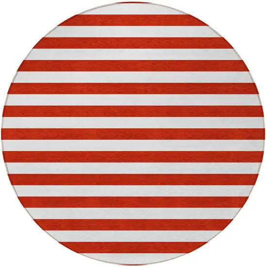 8' Round Red and White Round Striped Washable Non Skid Indoor Outdoor Area Rug Photo 5