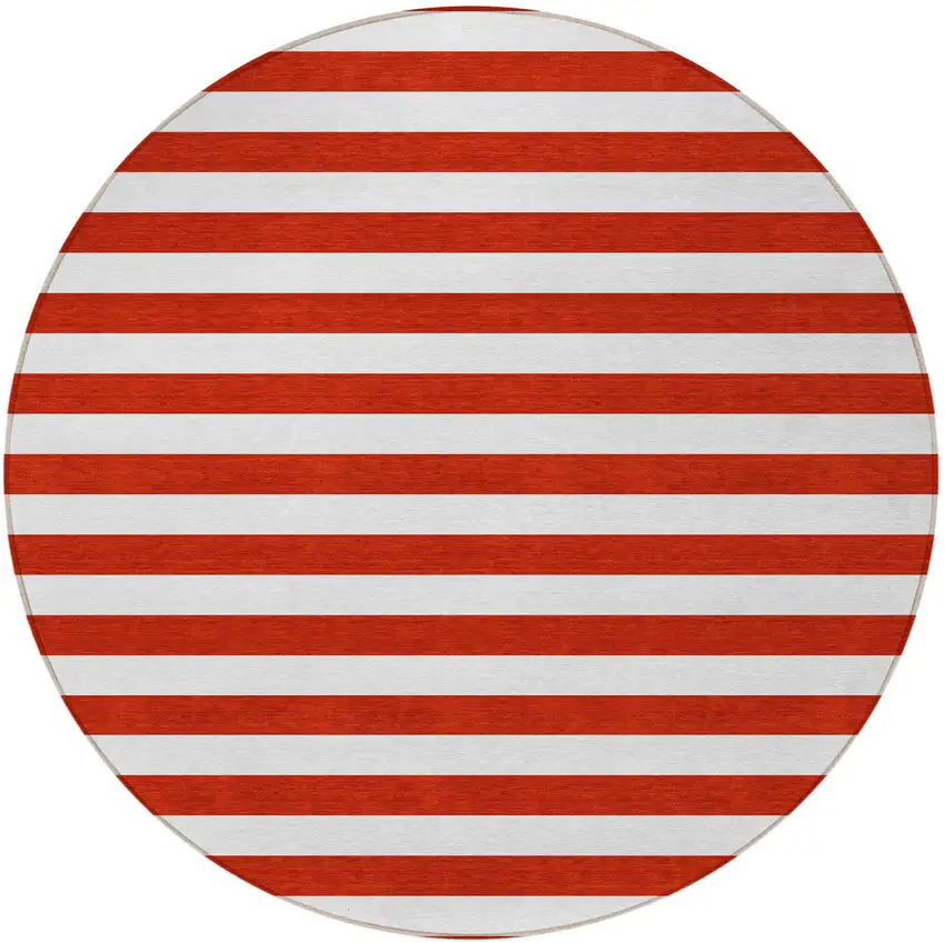 8' Round Red and White Round Striped Washable Non Skid Indoor Outdoor Area Rug Photo 5