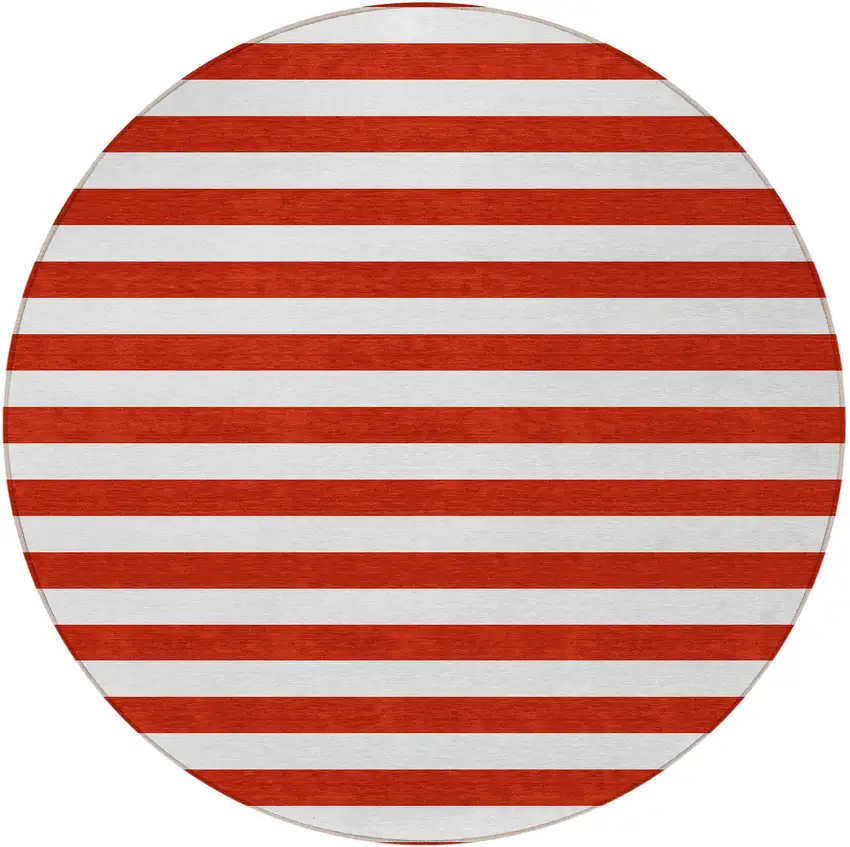 8' Round Red and White Round Striped Washable Non Skid Indoor Outdoor Area Rug Photo 5
